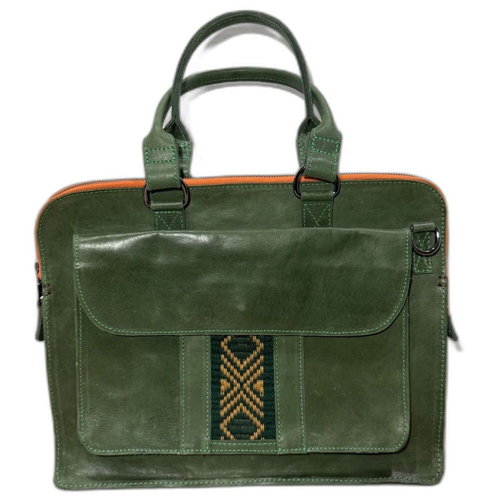 Zaaf Ethiopian Leather Briefcase/Bag With Crossbody Strap - Green